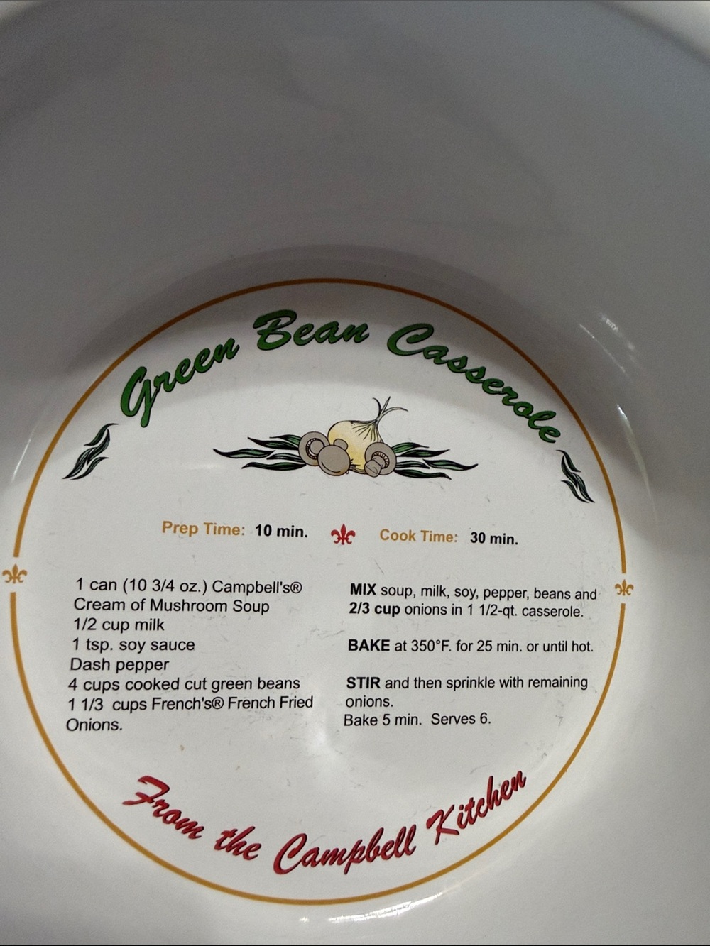 Vintage 04 Campbell’s Green Bean Casserole Serving Bowl with Recipe Print